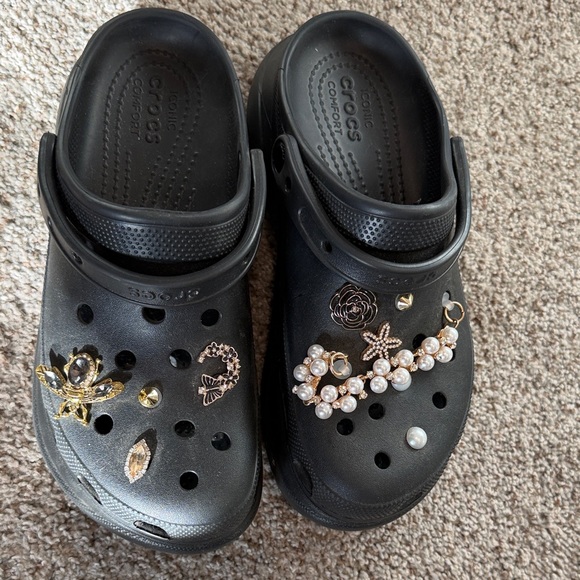 CROCS Black Clogs with Gold and Pearl Charms - Picture 3 of 4